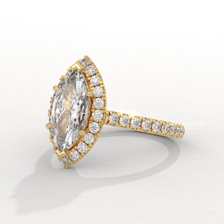 Marquise solitaire engagement ring photographed in natural light