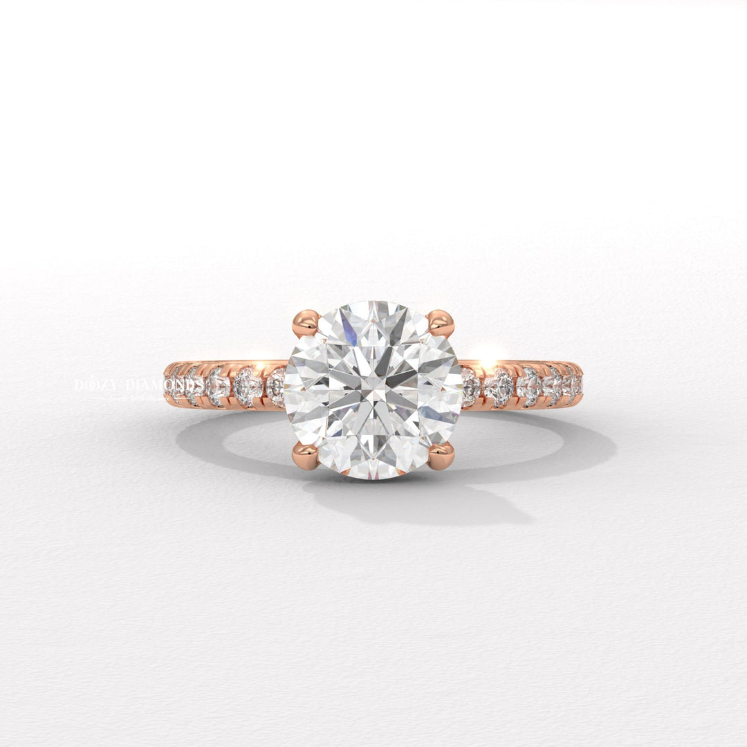 Fine craftsmanship detail on round hidden halo engagement ring