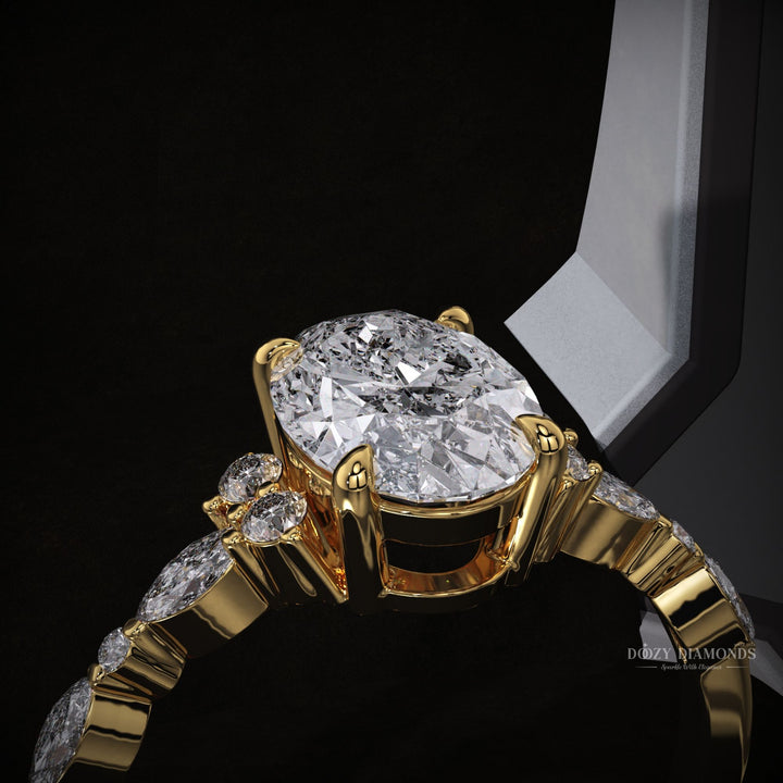 Oval pave engagement ring viewed from the side