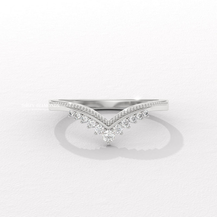 Milgrain Curved lab grown diamond band worn on hand