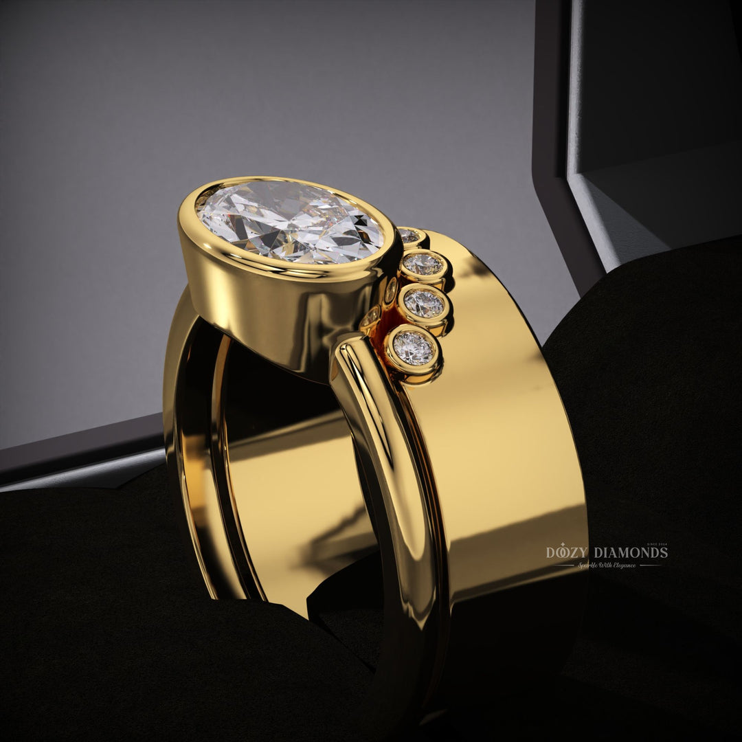 East-West Oval Lab Grown Diamond Bezel Engagement Ring Set