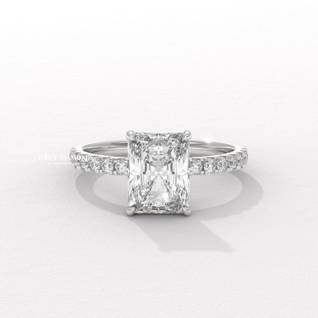 Radiant hidden halo engagement ring with brilliant diamond sparkle