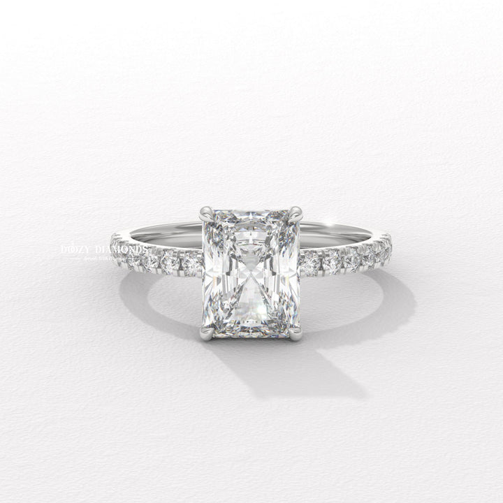 Radiant hidden halo engagement ring with brilliant diamond sparkle