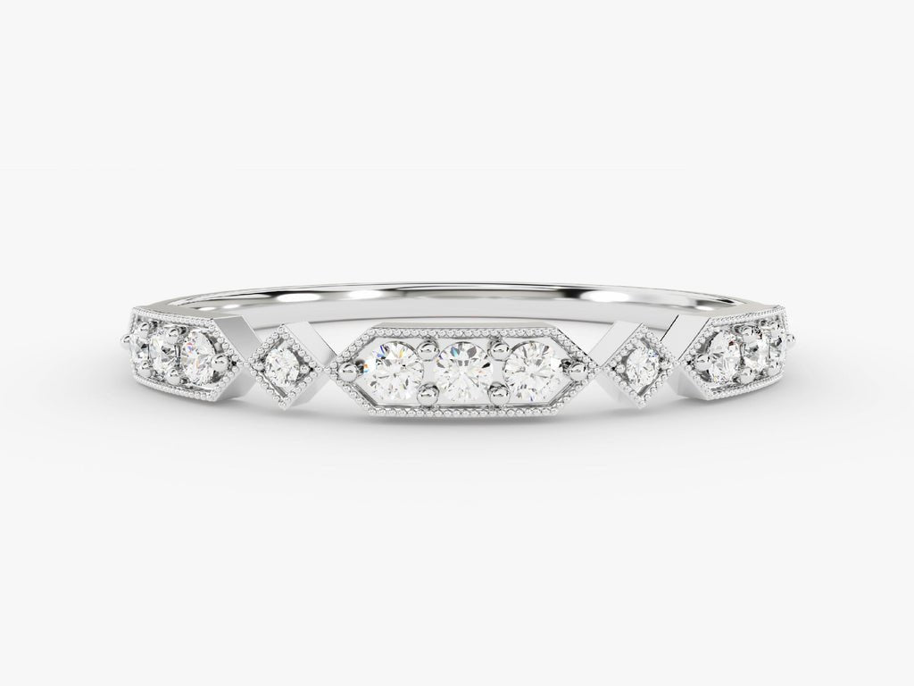 Round diamond band stacked with engagement ring