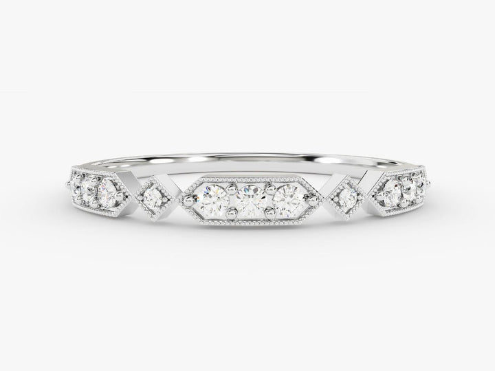 Round diamond band stacked with engagement ring