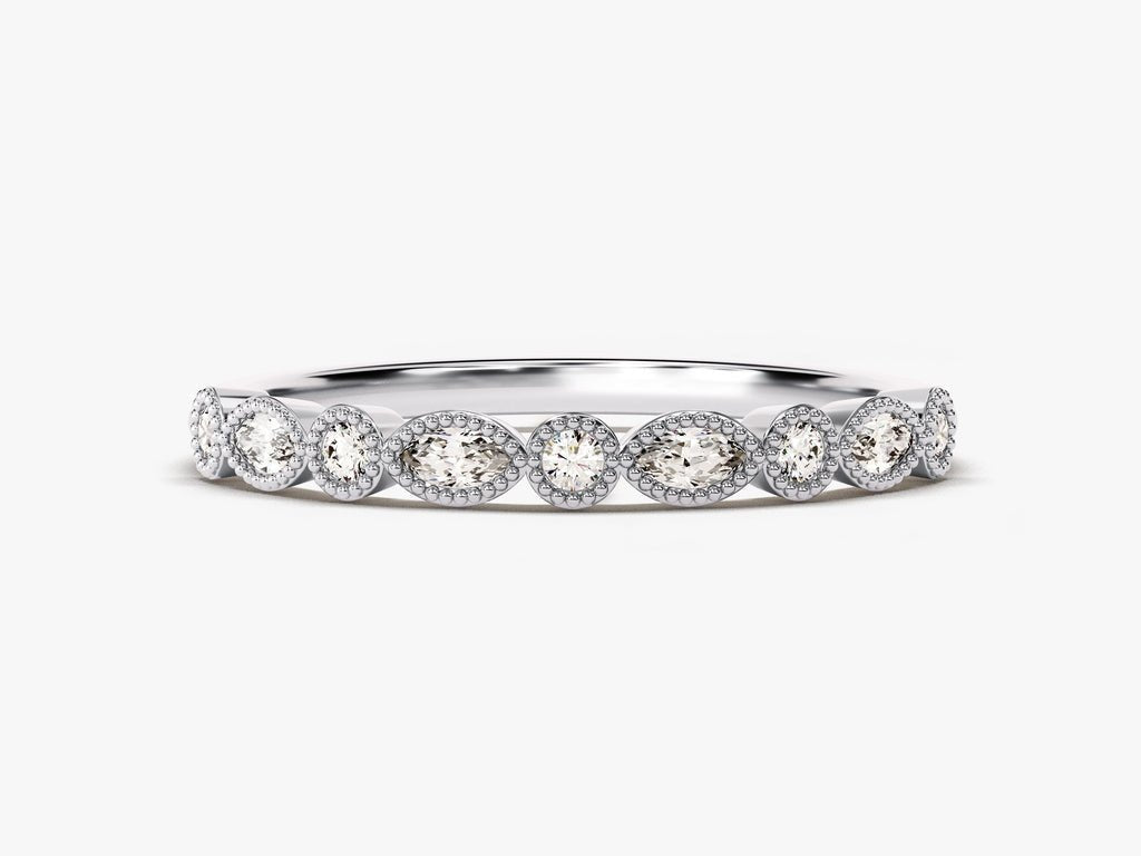 Round Marquise diamond band stacked with engagement ring