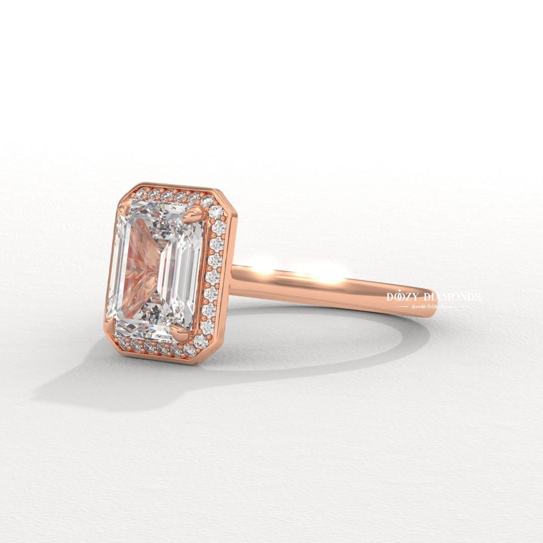 Emerald halo lab grown diamond ring in jewelry gift box