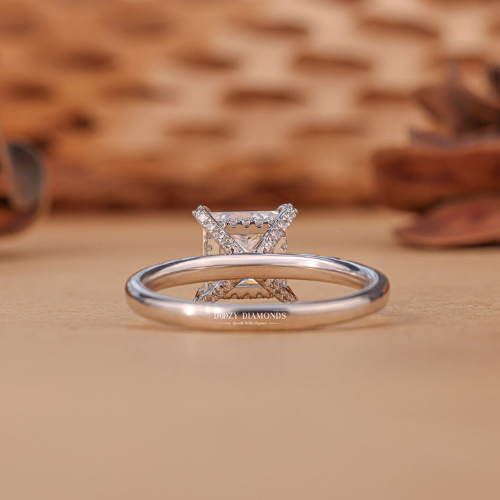 Handcrafted princess cut hidden halo lab grown diamond engagement ring