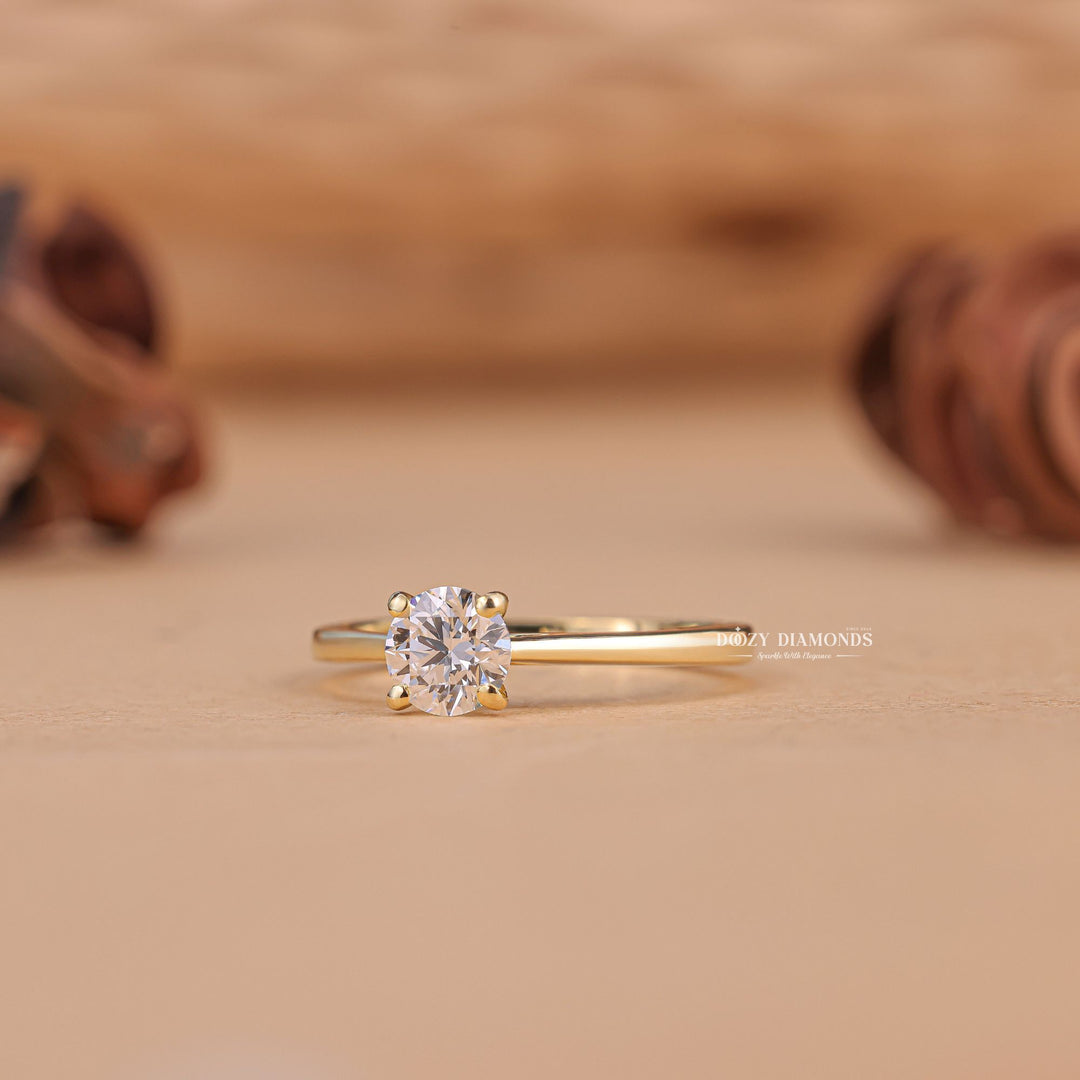 Angled view of round cut diamond in solitaire setting