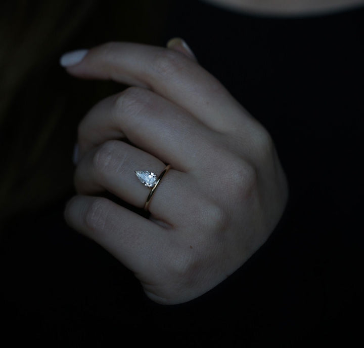 Top-down view of pear cut solitaire engagement ring
