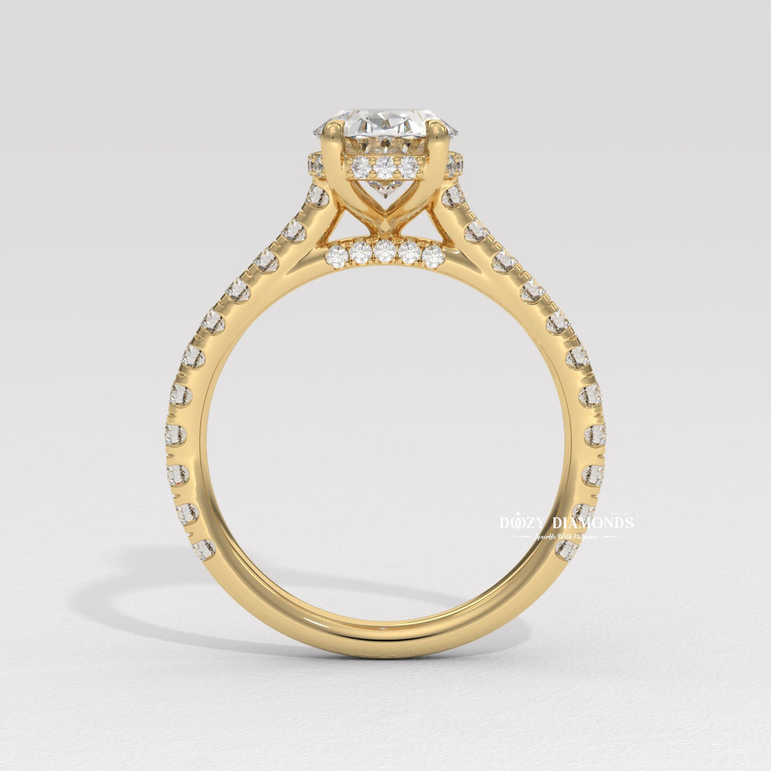 Oval halo engagement ring close-up highlighting diamond sparkle