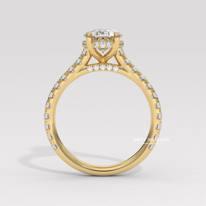 Oval halo engagement ring close-up highlighting diamond sparkle