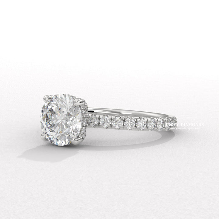 Round hidden halo engagement ring close-up showing high clarity diamond clarity