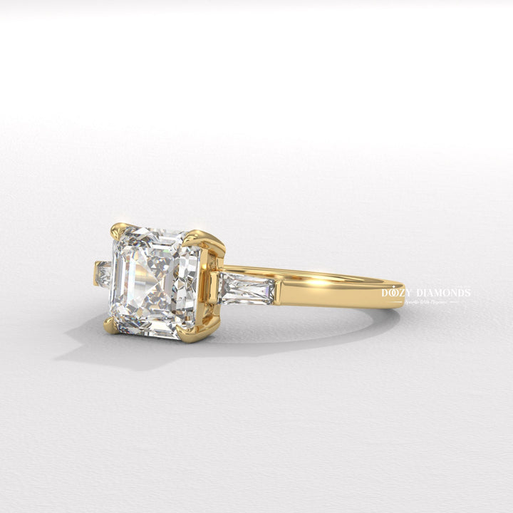 Asscher three stone lab grown diamond ring side profile in gold setting