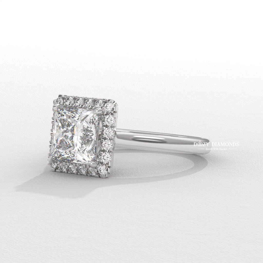 Angled view of princess cut diamond in solitaire setting
