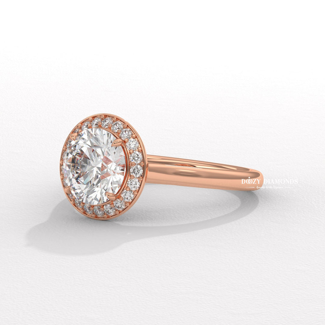 Top-down view of round cut halo engagement ring