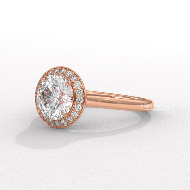Top-down view of round cut halo engagement ring