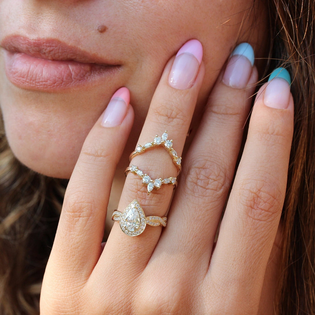 Pear pave lab grown diamond ring side profile in gold setting