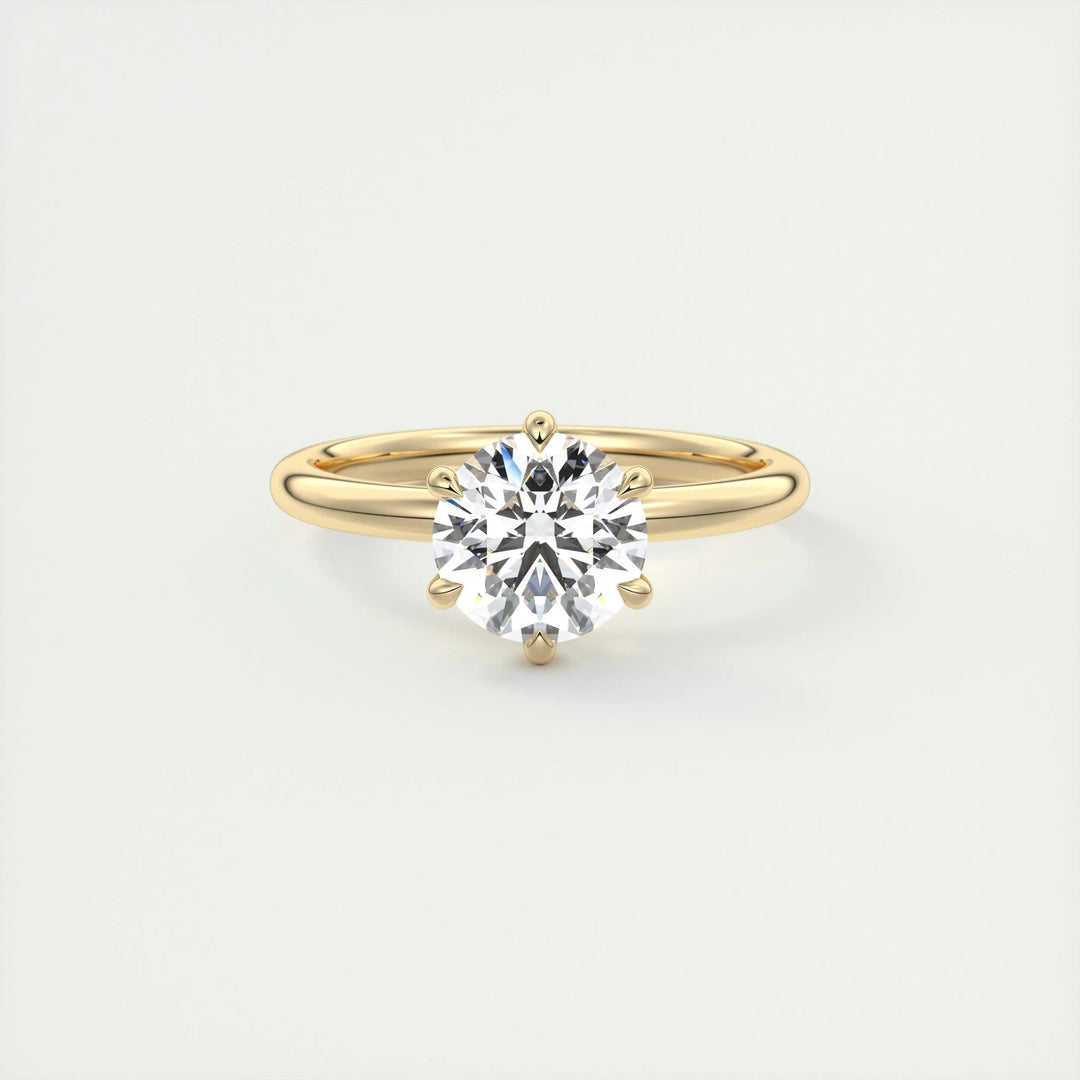 Close-up of round cut center diamond in solitaire engagement ring