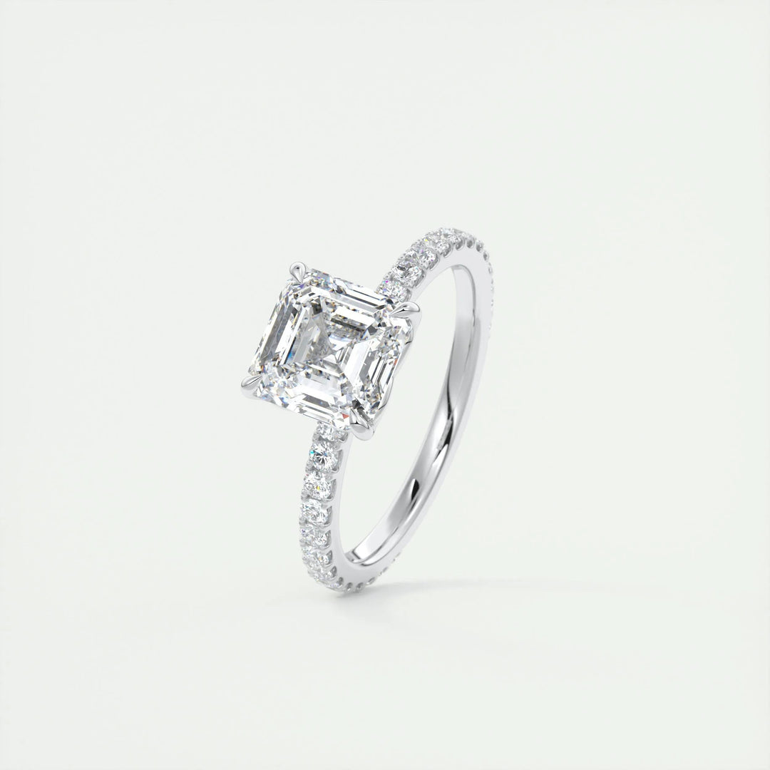 Detailed close-up of asscher pave diamond engagement ring