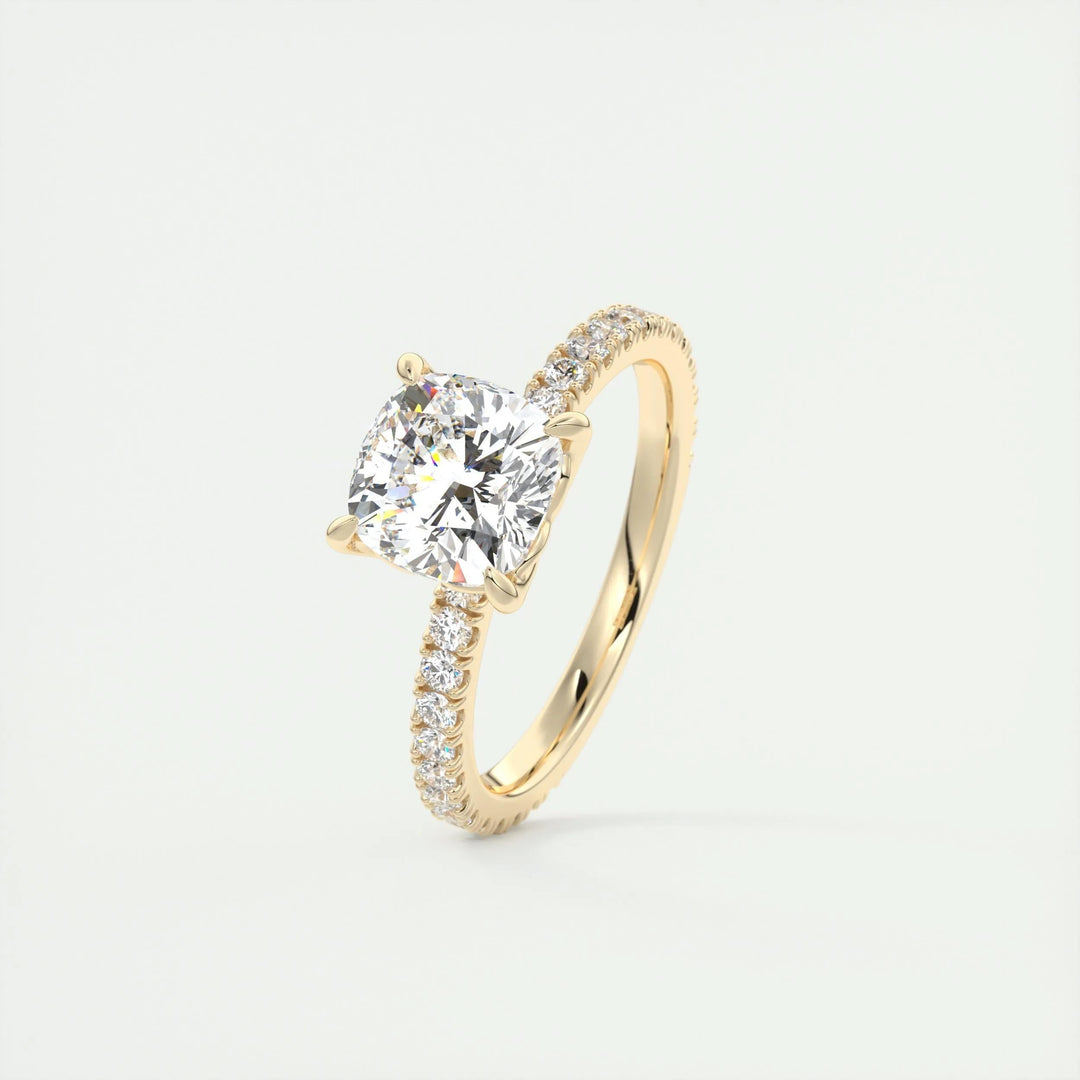 Cushion cut engagement ring side view showing band detail