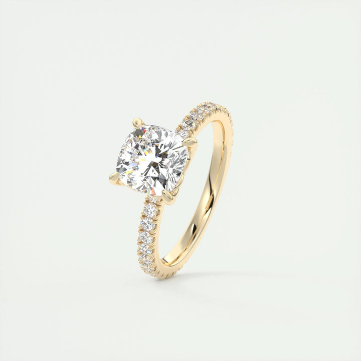 Cushion cut engagement ring side view showing band detail