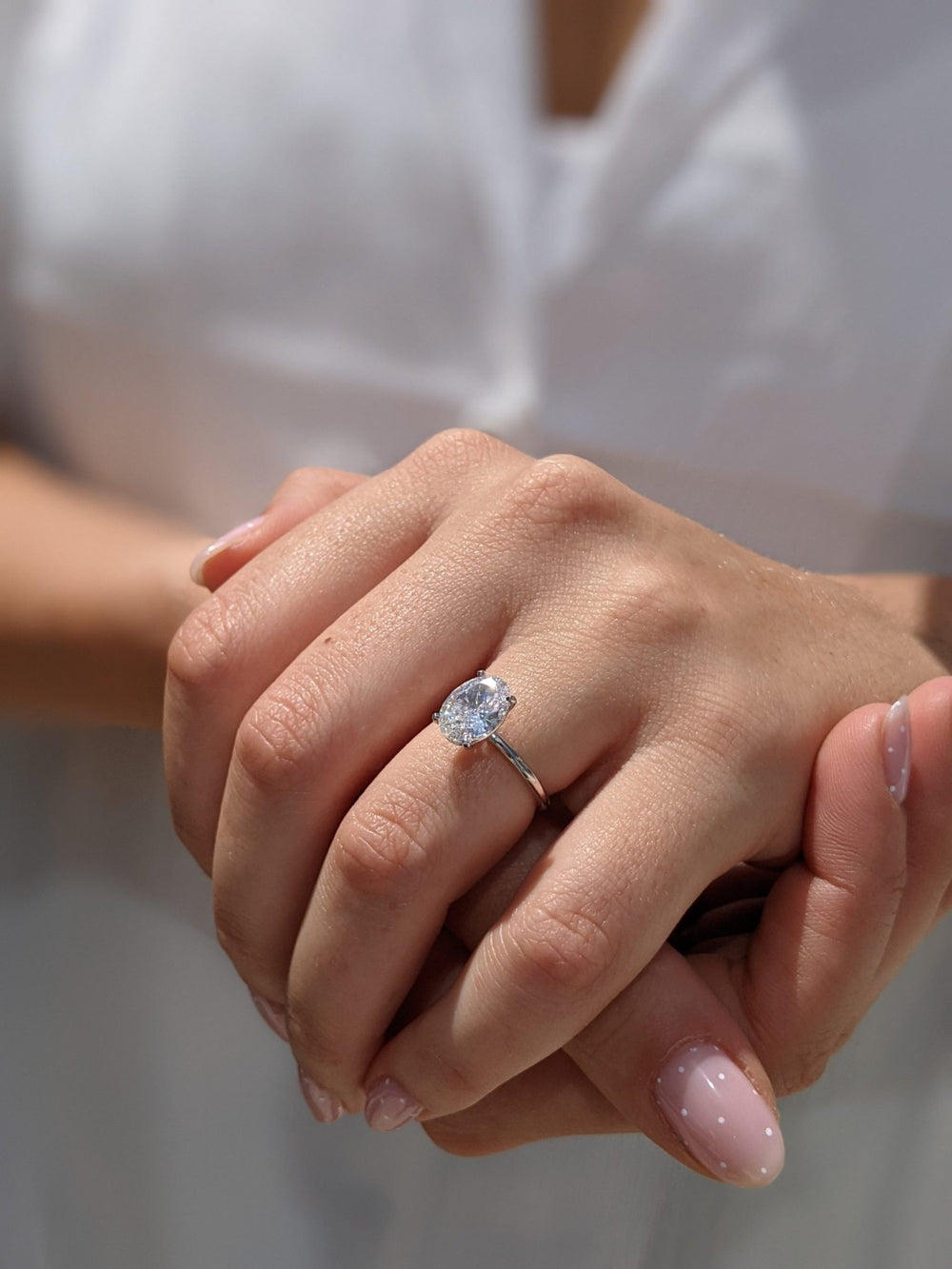 Oval solitaire lab grown diamond ring fitted on finger