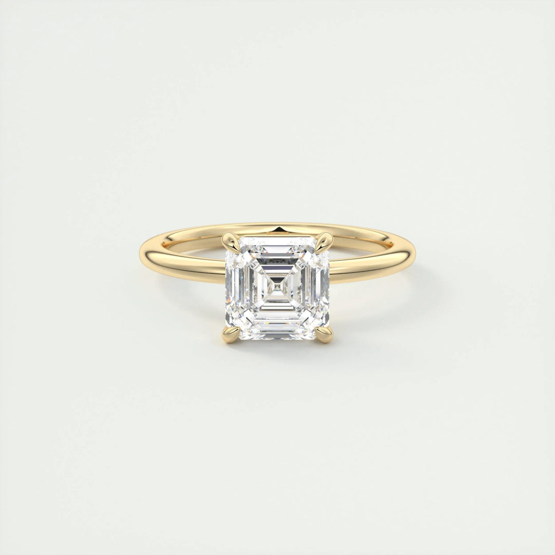 Asscher solitaire lab grown diamond ring fitted on finger