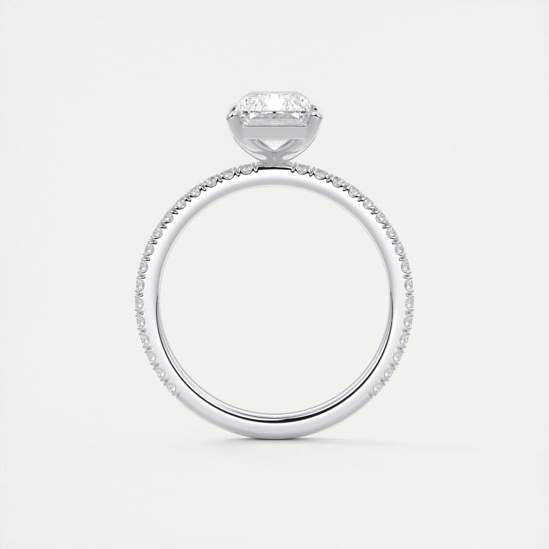 Close-up of radiant cut center diamond in pave engagement ring