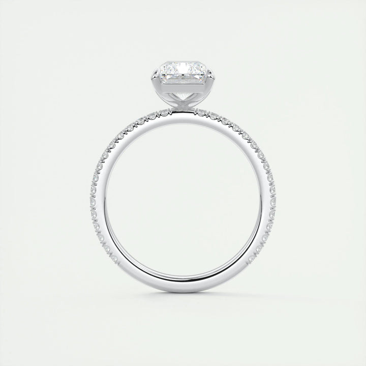 Close-up of radiant cut center diamond in pave engagement ring