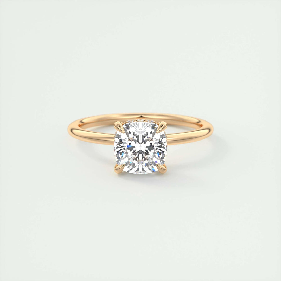 Cushion hidden halo lab grown diamond ring fitted on finger