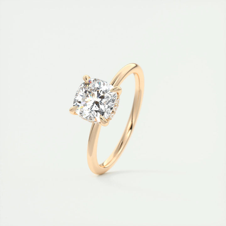 Cushion cut hidden halo engagement ring with IGI certified center diamond
