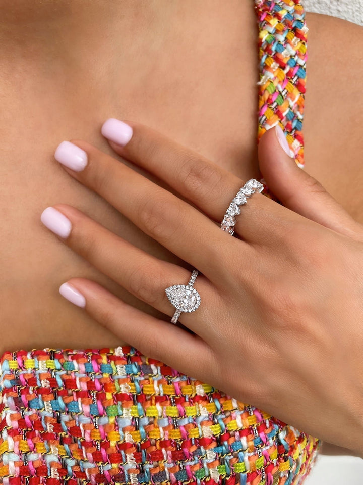 Pear pave lab grown diamond ring side profile in gold setting