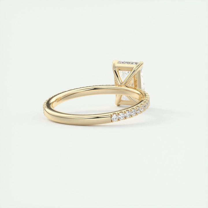Radiant pave lab grown diamond ring side profile in gold setting