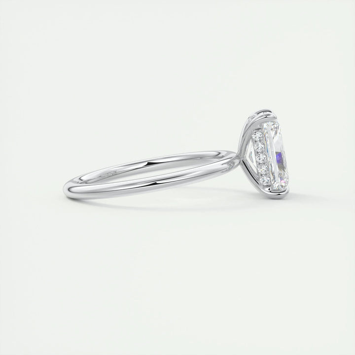 Radiant cut hidden halo engagement ring shown in real-life wear