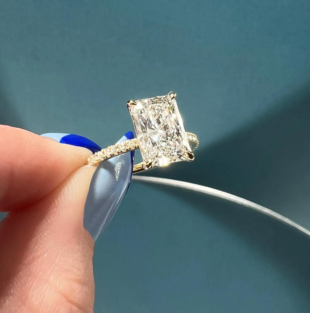 Top-down view of radiant cut pave engagement ring
