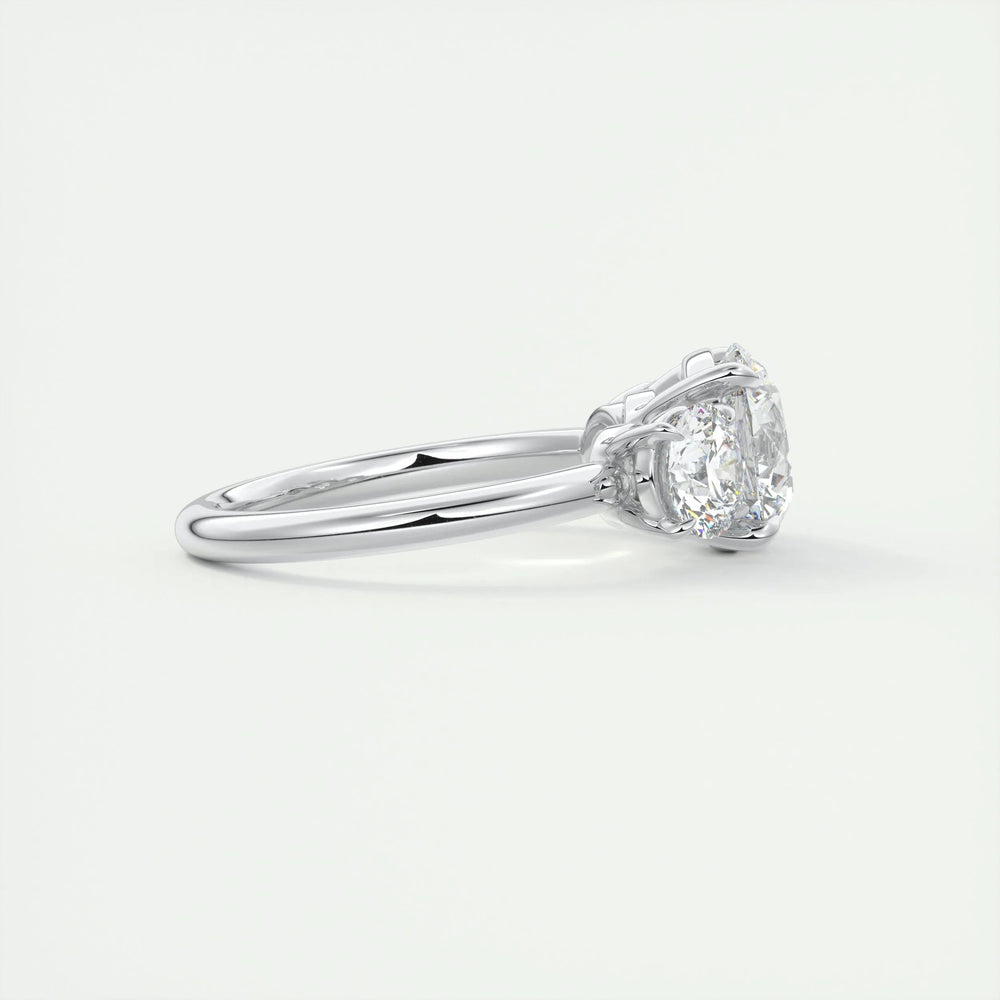 Round three stone lab grown diamond ring in jewelry gift box