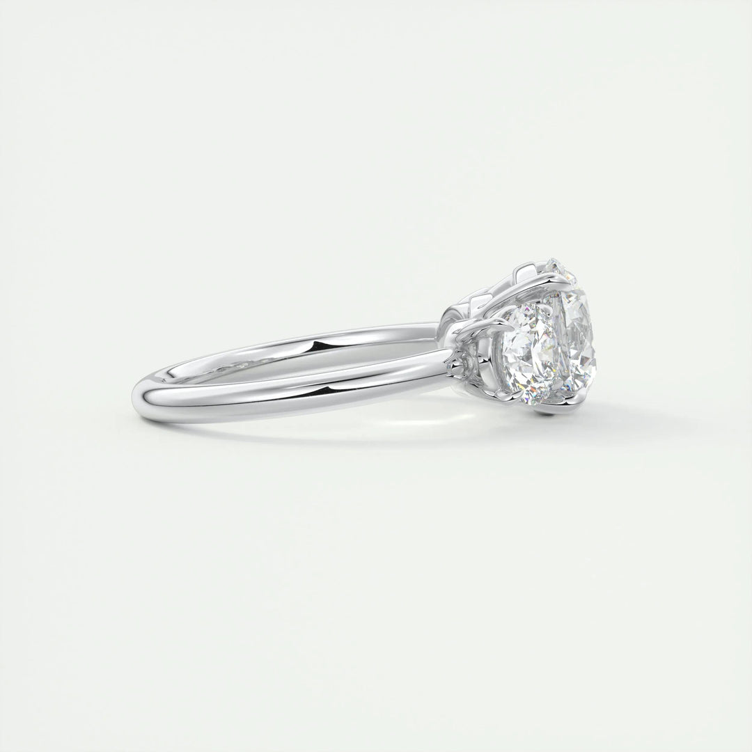 Round three stone lab grown diamond ring in jewelry gift box
