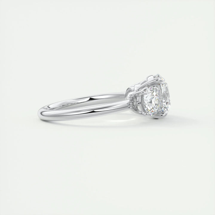 Round three stone lab grown diamond ring in jewelry gift box
