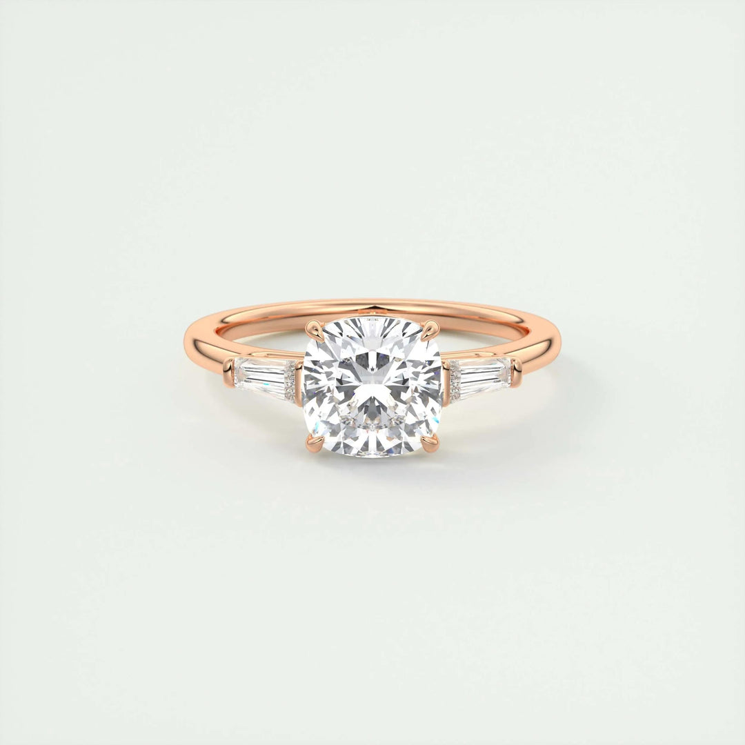 Handcrafted cushion cut three stone lab grown diamond engagement ring