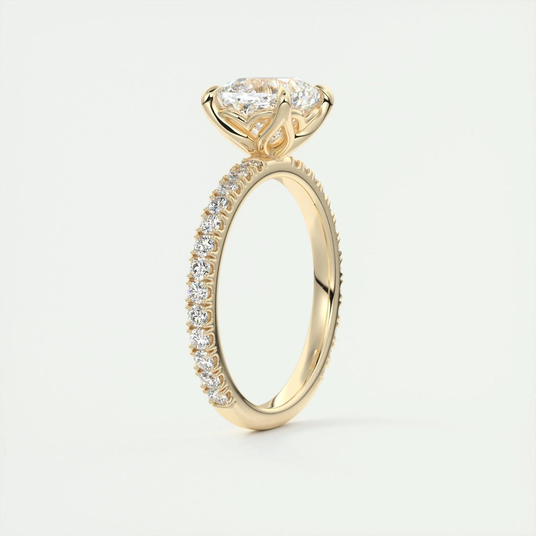 Cushion pave lab grown diamond ring side profile in gold setting