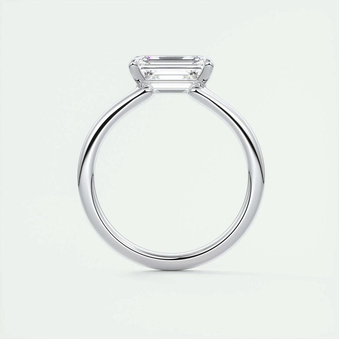 Profile view of emerald cut solitaire engagement ring band