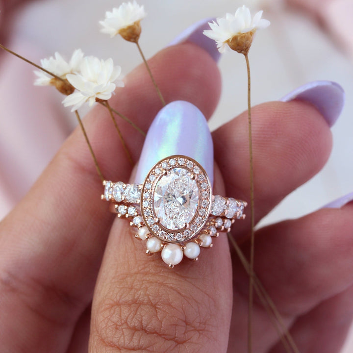Unboxing view of oval cut halo diamond engagement ring