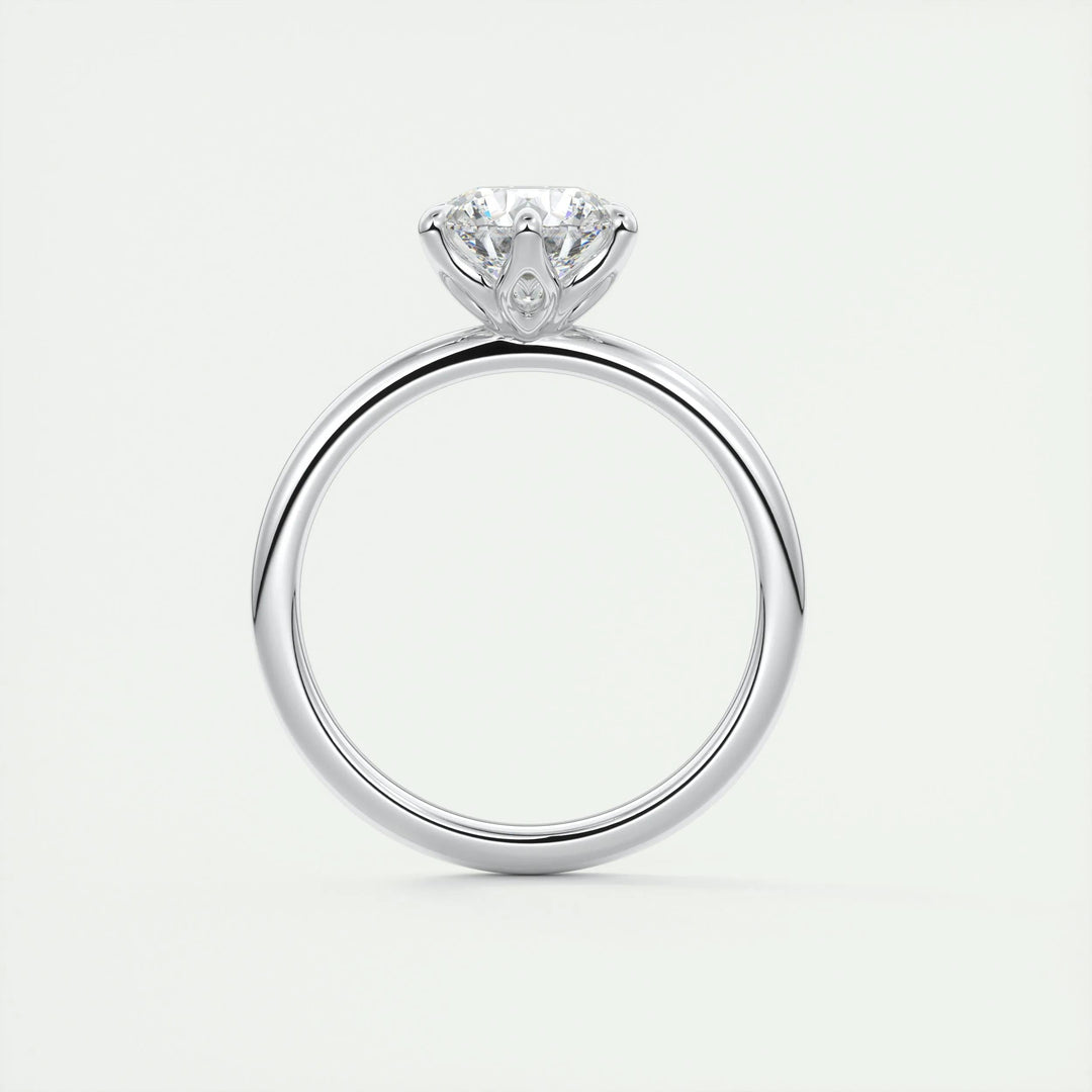 Round solitaire engagement ring close-up showing F-/VS1 diamond clarity