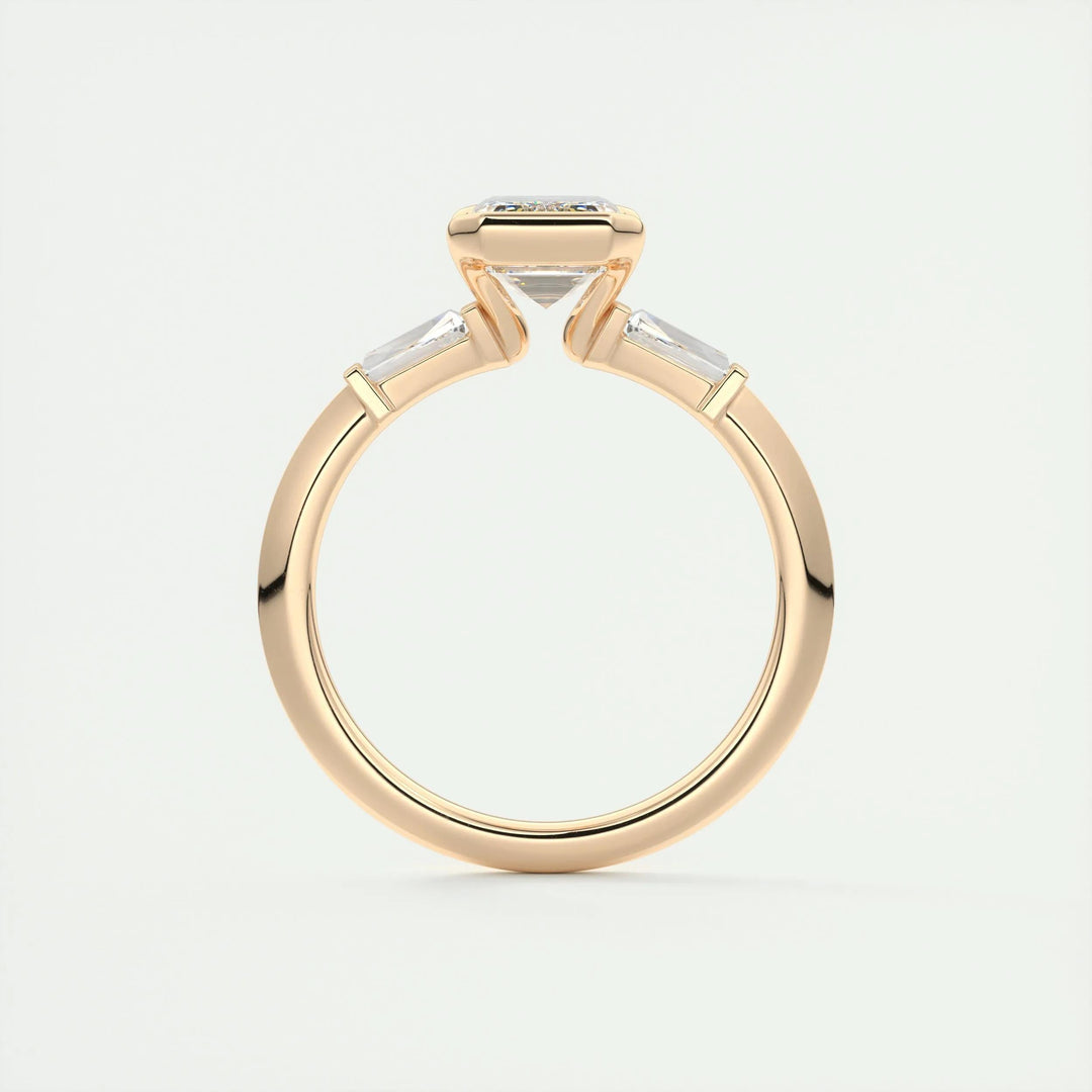 Emerald three stone lab grown diamond ring fitted on finger