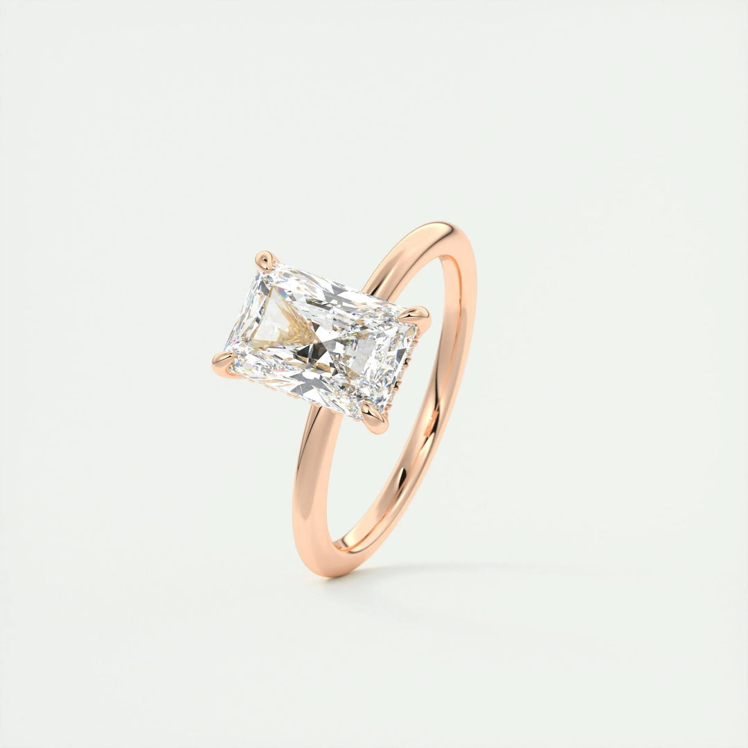 Unboxing view of radiant cut hidden halo diamond engagement ring