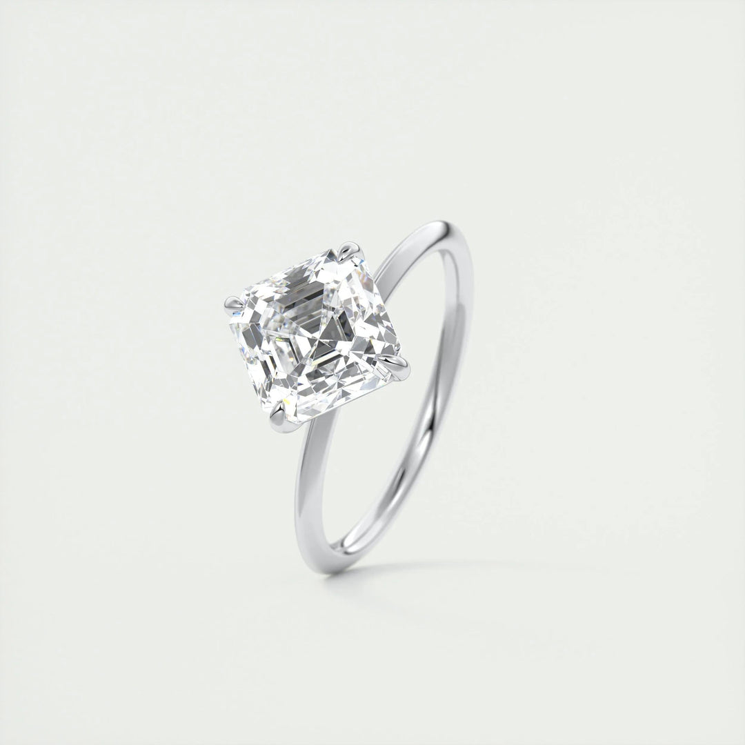 Macro shot of asscher cut diamond facets in solitaire ring setting