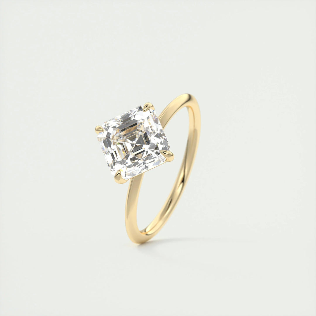 Asscher solitaire engagement ring shown on hand for true-to-life sizing