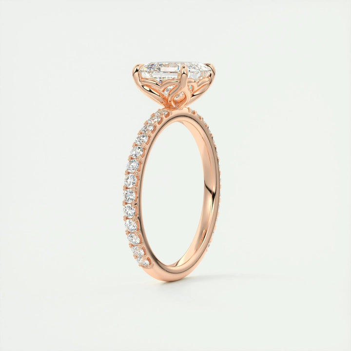 Asscher pave engagement ring viewed from the side