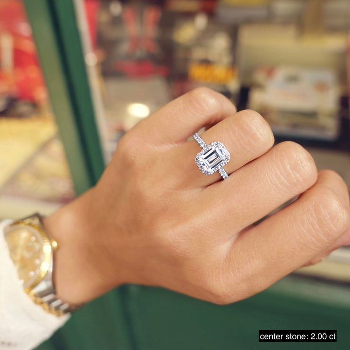 Emerald pave lab grown diamond ring fitted on finger